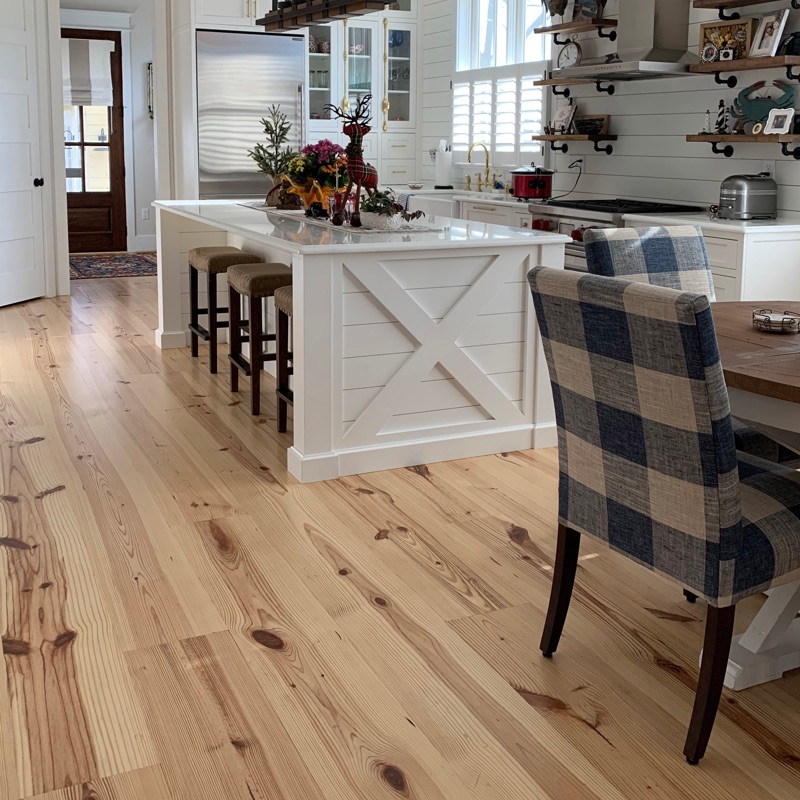 heart pine plank flooring - kitchen island