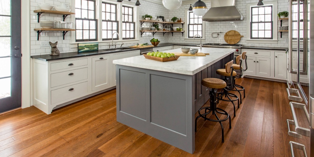 Hardwood Hickory Flooring - Bright Modern Kitchen