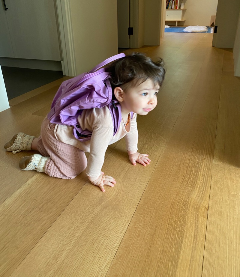 white oak plank floor baby crawling