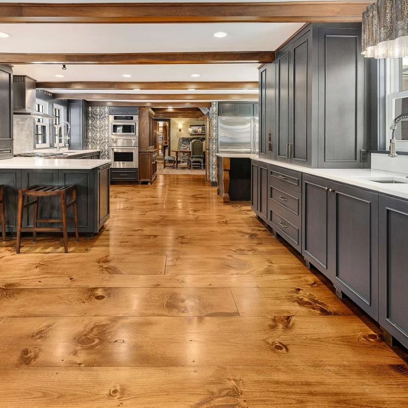 white pine wide plank flooring - kitchen galley
