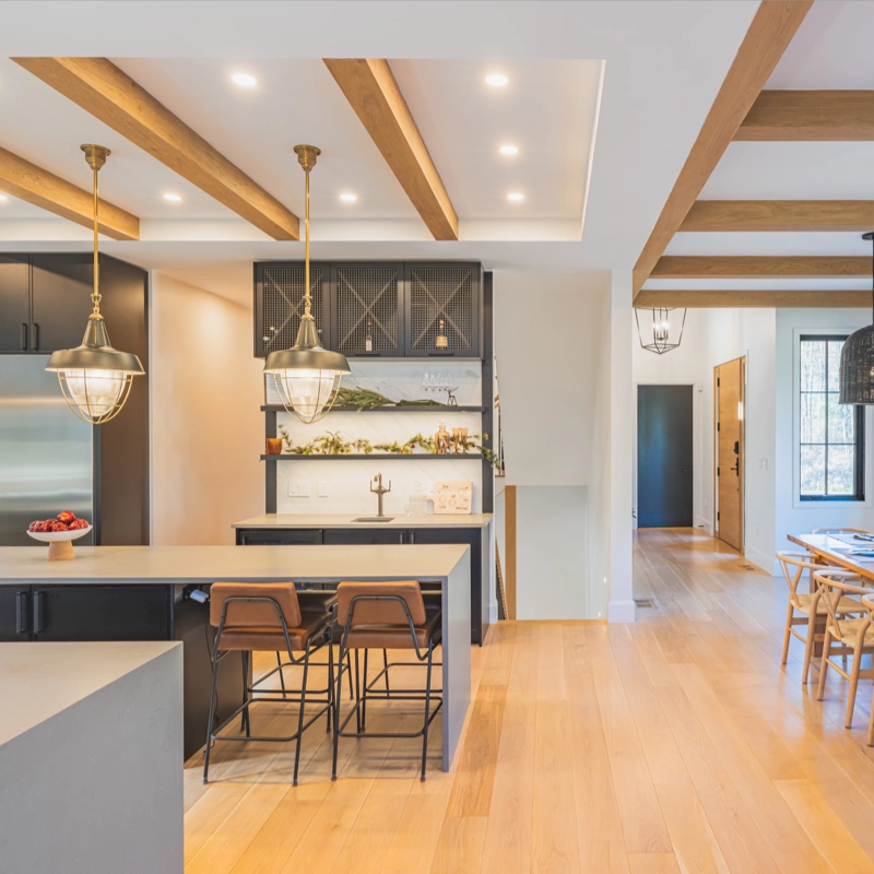 plain sawn white oak flooring - modern open kitchen with exposed beams