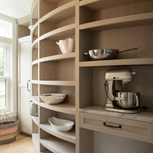 ash flooring - curved pantry shelving