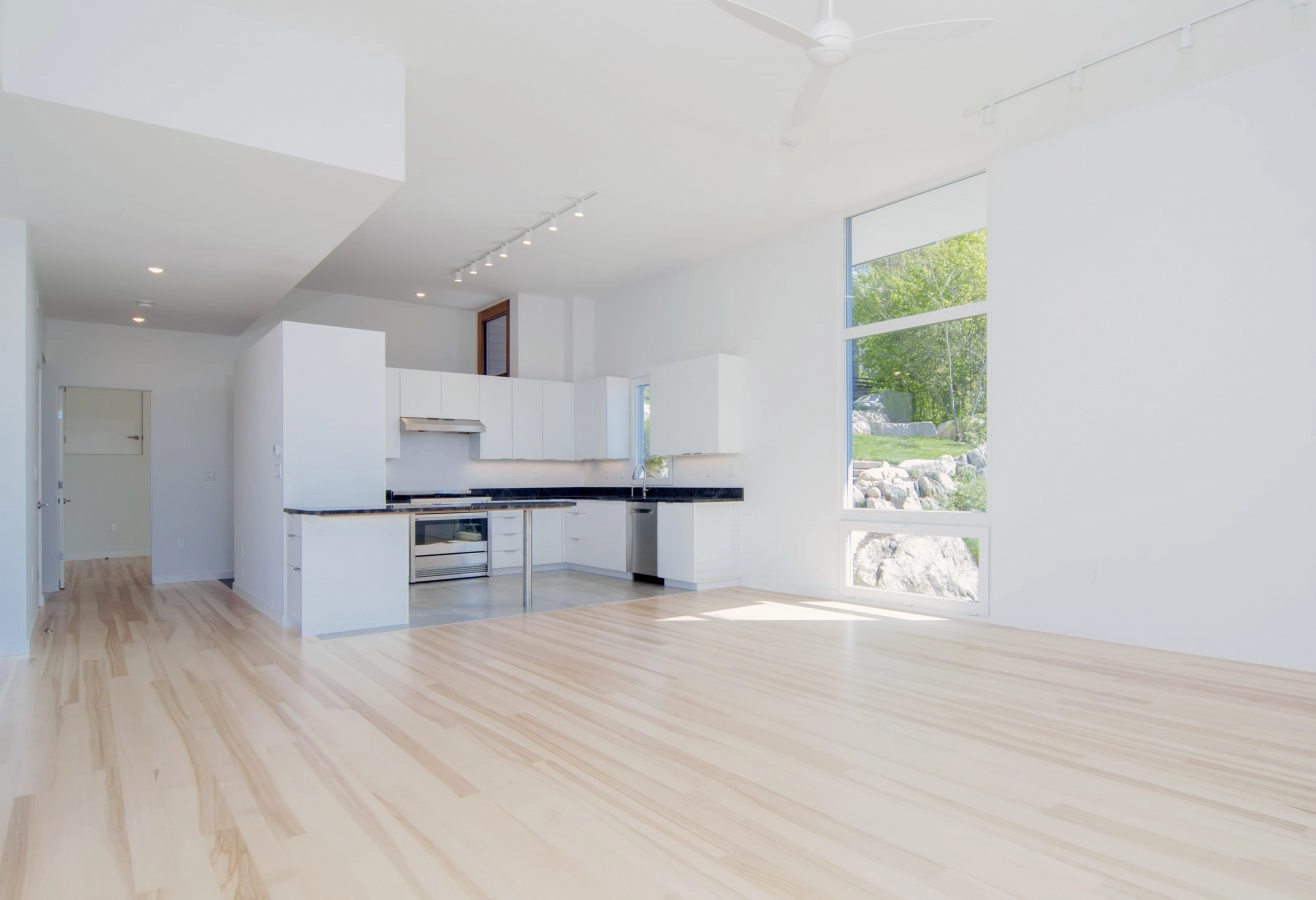 light ash flooring open living room kitchen